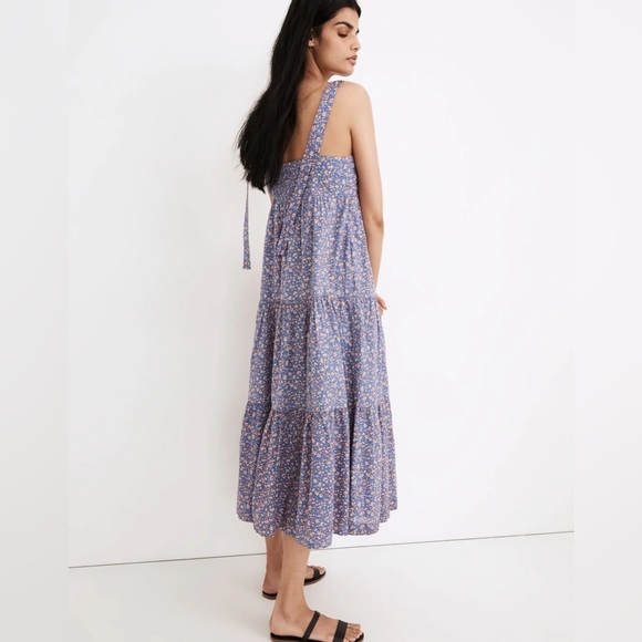NWT Madewell Tie-Strap Tiered Midi Dress Summer Floral MultiColor Blue Sz Xs Red - Picture 3 of 14